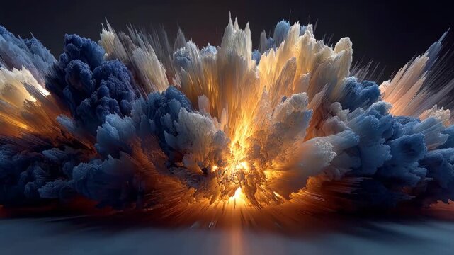 Dramatic fiery explosion of dark blue and orange powder in studio