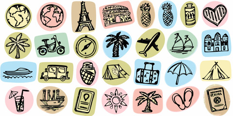 hand drawn travel themed icons and illustrations colorful doodle style © Milton