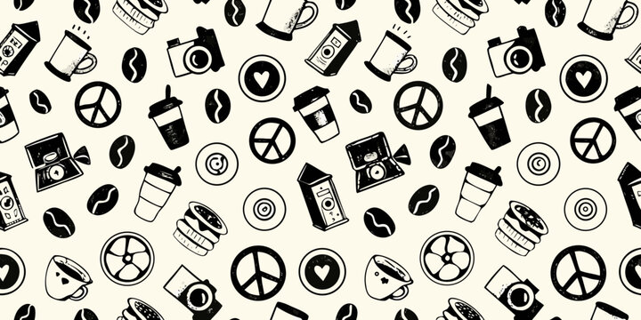 Coffee themed doodle pattern with peace signs and beans