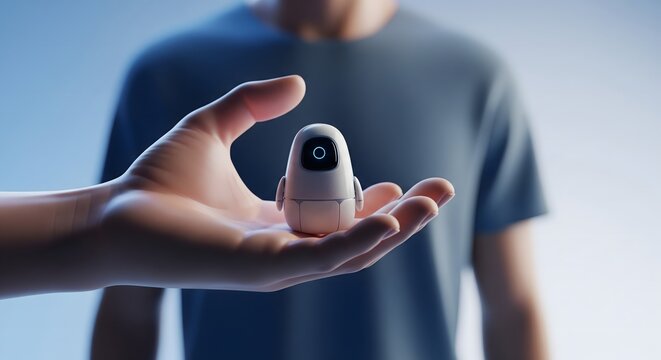 A small white futuristic companion robot sitting in the palm of a person's hand with a man in the blurred background.