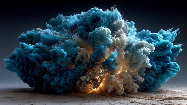 Expansive cloud of turquoise and white dust bursting in bright space