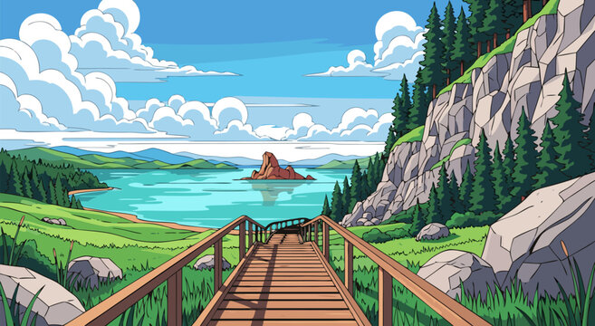 A serene vector illustration of a wooden dock on a tranquil lake surrounded by lush greenery and rugged cliffs.