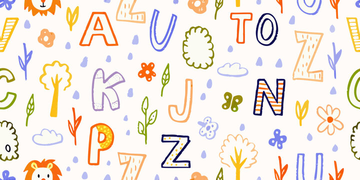 colorful alphabet pattern with floral and animal illustrations