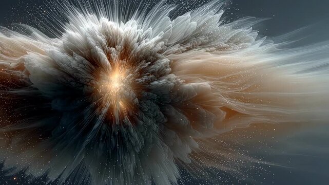 Cosmic eye explosion of white silk fibers and golden light particles