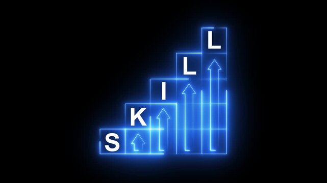 Neon skills icon animation on cube. Upskilling and personal development concept. Build a career and skill grow. Make progress concept. Promotion at work. Set a goal to achieve. 4k video animation. 
