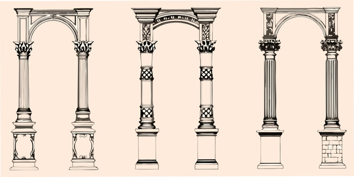 Ornate archway illustrations with decorative columns vintage style