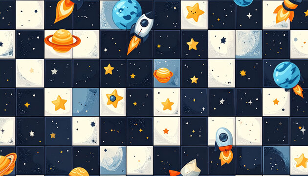 Colorful rockets planets stars on checkerboard cosmic patterned background