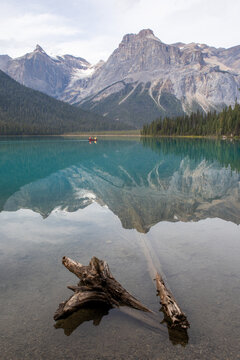 Canoe on Emerald Mountain Lake With Driftwood and Alpine Reflect