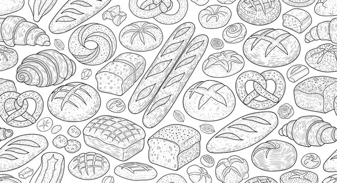 Detailed seamless pattern shows a vast variety of hand drawn bakery items like loaves of bread, baguettes, and pretzels on a white background.
