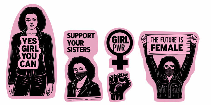 Feminist sticker set with empowering slogans and portraits vector illustration