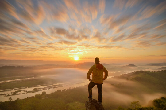 Adventure hiking, mountian landscape with tourist. Climbing