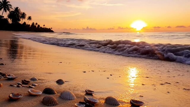 Tranquil beach at sunrise with golden sand, gentle waves, seashells, and silhouettes of palm trees on the horizon.