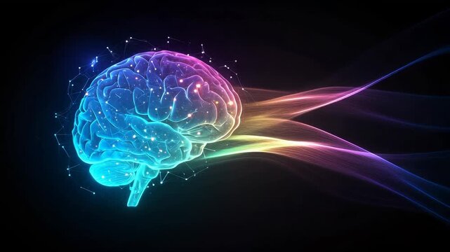 Digital human brain with glowing neural network connections. Futuristic medical visualization of cognitive process. Artificial intelligence concept in neurology science.