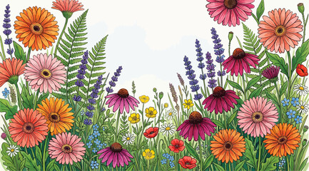 Wildflower meadow illustration with colorful gerbera daisies, lavender, and ferns © S.Siam