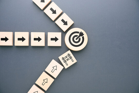 Multiple directional paths leading toward the same target, with one route blocked by a barrier symbol, representing obstacles, bottlenecks, restricted access, and challenges in achieving business goal