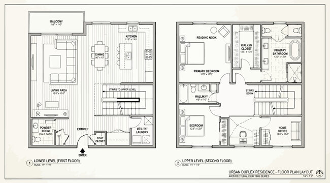 Architectural floor plan layout of an urban duplex residence