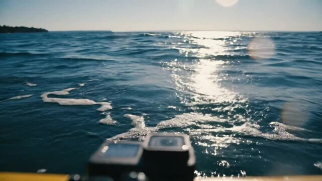 Ocean waves crashing over an action camera at sea, sun reflecting on the surface, capturing the natural beauty and power