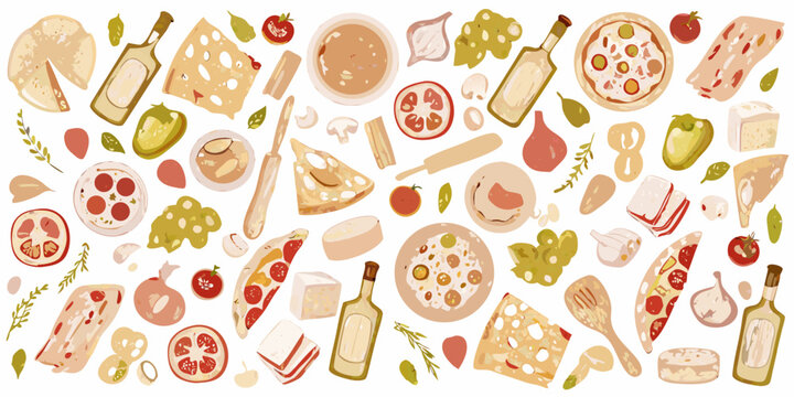 italian food illustration with pasta pizza and produce on white background