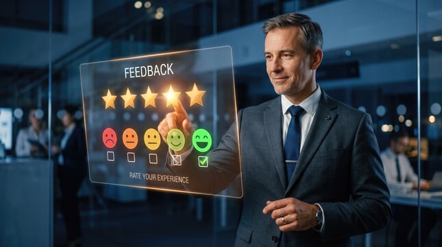 Customer feedback interface with five stars, businessman using digital rating screen, corporate user experience and satisfaction survey concept