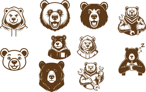 Set of bear mascot head illustrations and character designs including mechanic bear with wrench and sleeping bear character mechanic