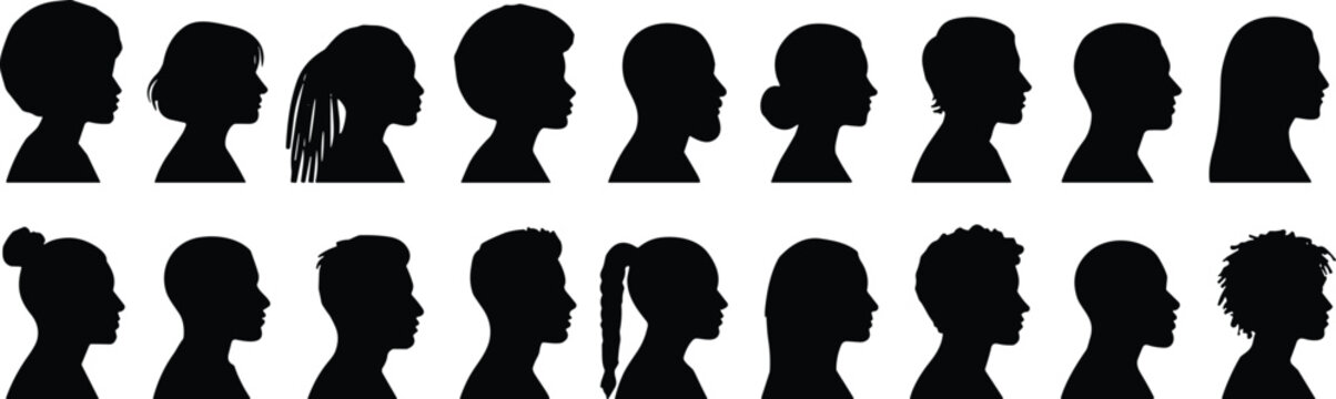 Diverse Collection of Male and Female Profile Silhouettes Featuring Various Hairstyles and Head Shapes for Social Media Avatar Graphic Design