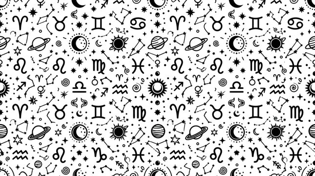 Monochrome seamless pattern featuring astrology symbols and celestial icons for design projects.