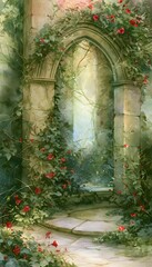 Fototapeta premium Ancient stone arch blooms serene watercolor illustration of forgotten ruin beauty nature art