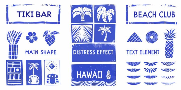 Hawaiian tiki bar icons set bold blue stamp style