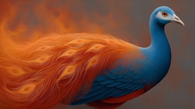 Vibrant peacock with fiery orange tail feathers. Blue neck contrasts with glowing, flame-like plumage. Dynamic pose suggests motion and energy. Perfect for fantasy, mythical, or magical themes