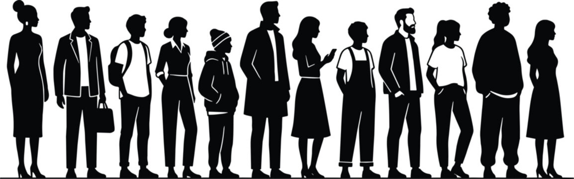 People standing in line silhouettes showing diverse individuals waiting queue representing daily life urban lifestyle and social interaction concepts