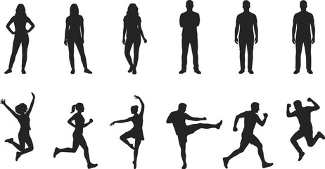Silhouette collection of static and dynamic human figures highlighting posture diversity, expressive gestures, movement, and body language contrast © bipul stok