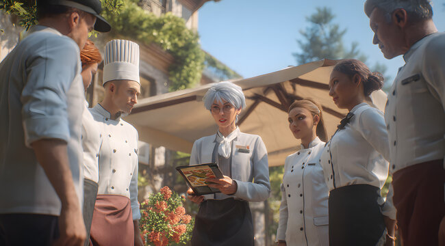 An outdoor meeting is being held for a diverse hospitality operations team where a female manager is using a tablet to instruct the hotel staff, which includes a chef, bellhop, and waitstaff, on teamw