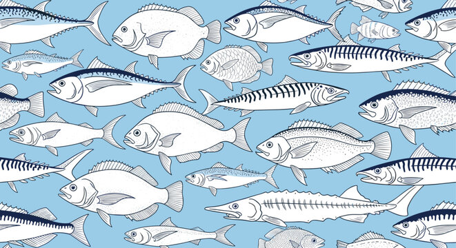 Seamless pattern of various sea fish species in white and dark blue on a light blue background, hand drawn aquatic life illustration for wallpaper.