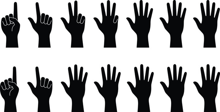 Silhouettes of Hands Displaying Finger Counting Gestures Representing Numbers, Communication, Learning, and Universal Nonverbal Expression