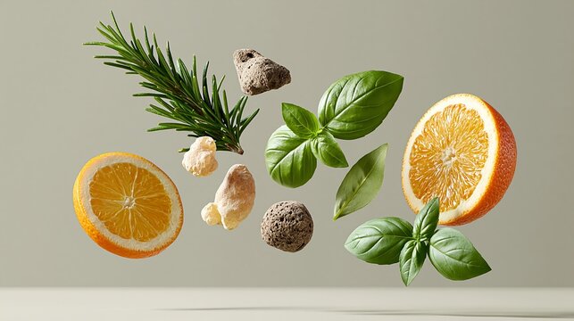 Fruit and herbs float against a soft, neutral background. Oranges slice open, revealing juicy, vibrant segments. Fresh basil leaves add a green, aromatic contrast