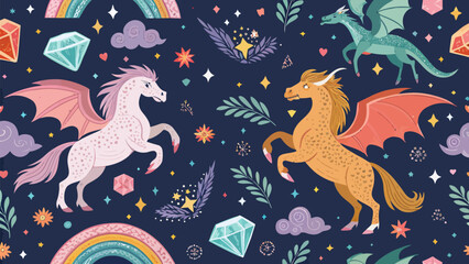 Obraz premium Seamless pattern with magical creatures, dragons, unicorns, rainbows, crystals and stars on a dark blue background fantasy fairytale wallpaper
