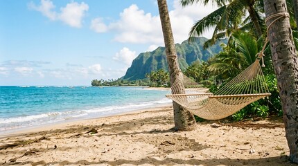 Tropical Paradise Beach in HAWAII with Hammock and Palms © Novia