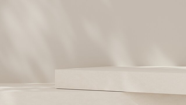 3D render of a clean rectangular product stage with soft natural lighting and uncluttered composition. Suitable for cosmetic branding, skincare product advertising, ecommerce headers.