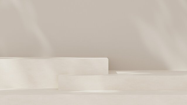 Minimal 3D render featuring layered product display platforms in a soft neutral studio environment. Designed for cosmetic mockups, branding presentations, social media advertising.