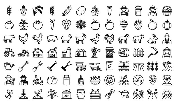 Agricultural icons set with farm and gardening elements