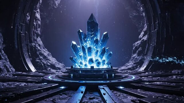 Mystical crystal structure glowing brightly in a dark alien cavern surrounded by light spheres.