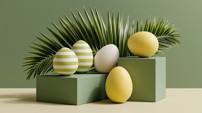 Pastel green blocks hold festive eggs. Eggs feature stripes and solid hues. Palm fronds add natural texture. Simplistic setup suits spring themes. Perfect for Easter or seasonal designs