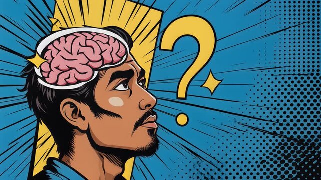Dynamic animated graphic of a pensive man's profile emerging from a thought bubble with a glowing brain and prominent question mark, symbolizing curiosity, problem-solving, and mental exploration