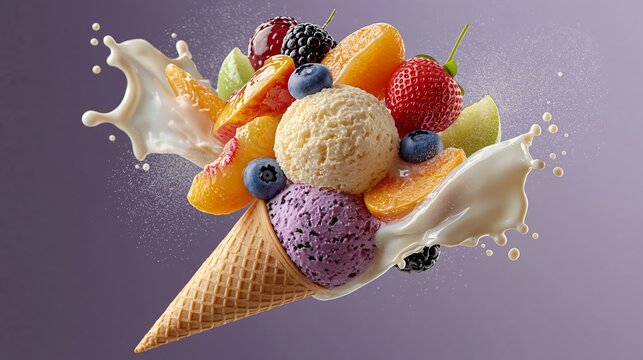 Sweet ice cream floats with fresh fruit and milk splash. Bright colors burst against soft purple backdrop. Fruit slices, berries, and ice cream swirl together. Milk bursts around the cone