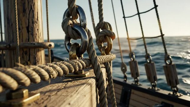 Close-up view of nautical ropes and chains on a wooden ship sailing on the ocean during a sunny day