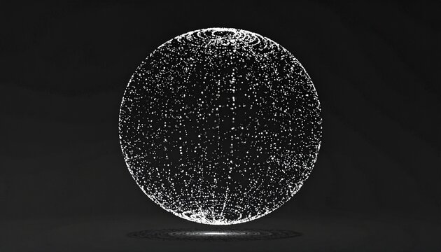 Floating luminous particle sphere forming a digital globe in dark space