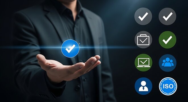 Man in black suit holding hand out with blue checkmark and various other on dark background blue checkmark dark background