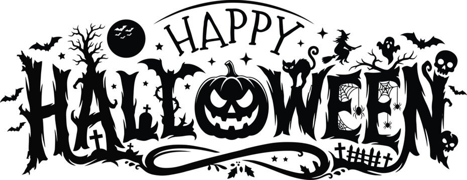 Black happy halloween typography with spooky decorations isolated on white background