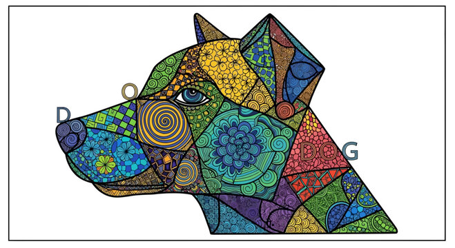 Colorful Abstract Dog Head Portrait, Geometric Patterns, Vibrant Colors, Artistic Dog Art