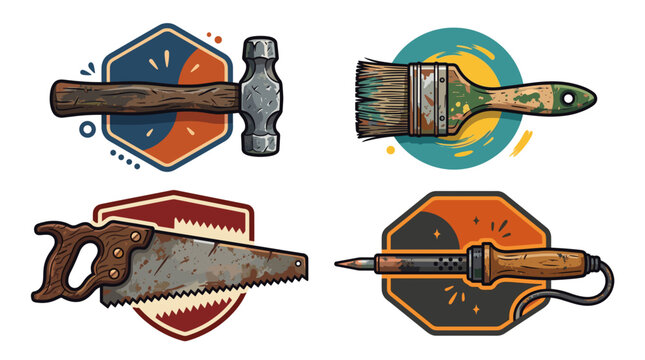 Vector illustration of retro tools and weapons set with shields and badges